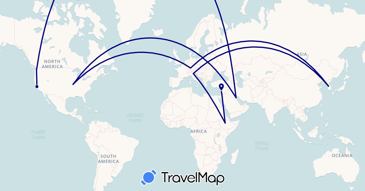 TravelMap itinerary: driving in Germany, Ethiopia, Italy, Jordan, South Korea, Kuwait, Lebanon, United States (Africa, Asia, Europe, North America)